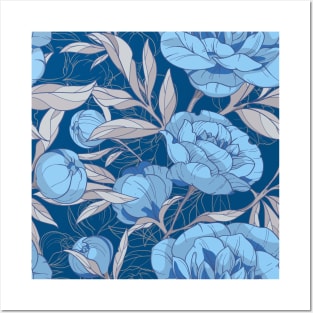 blue and gray peonies, seamless floral pattern Posters and Art